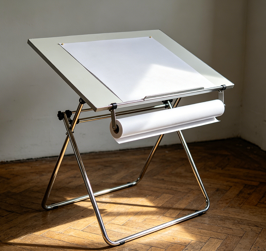 Adjustable Tilt-Top Drawing Desk with Metal Subframe and Paper Roll Holder